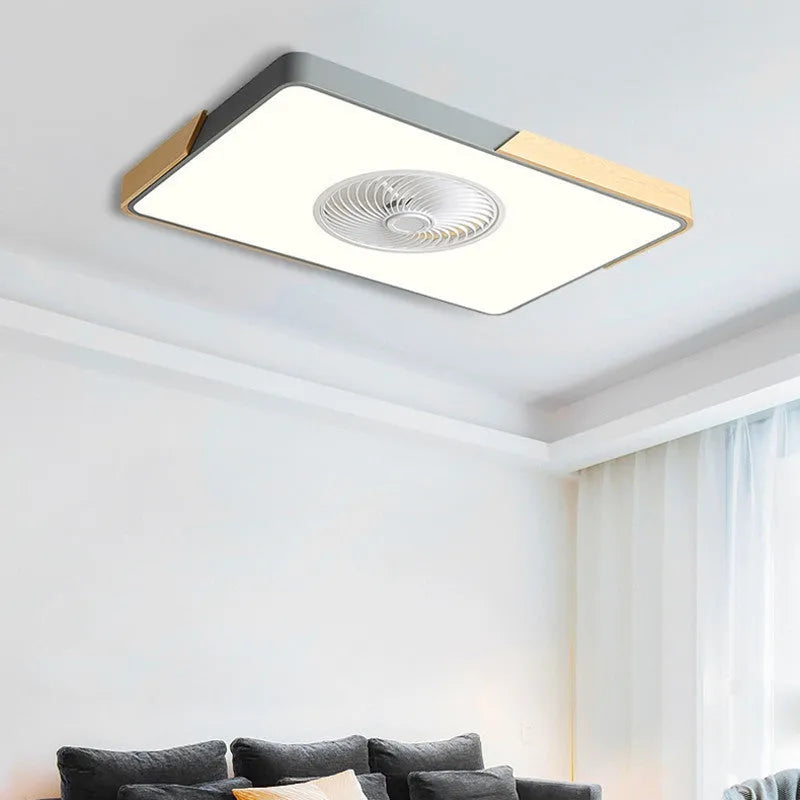 Nordic ceiling fan with integrated light fixture in solid wood, showing rectangular, round, and square shape options.