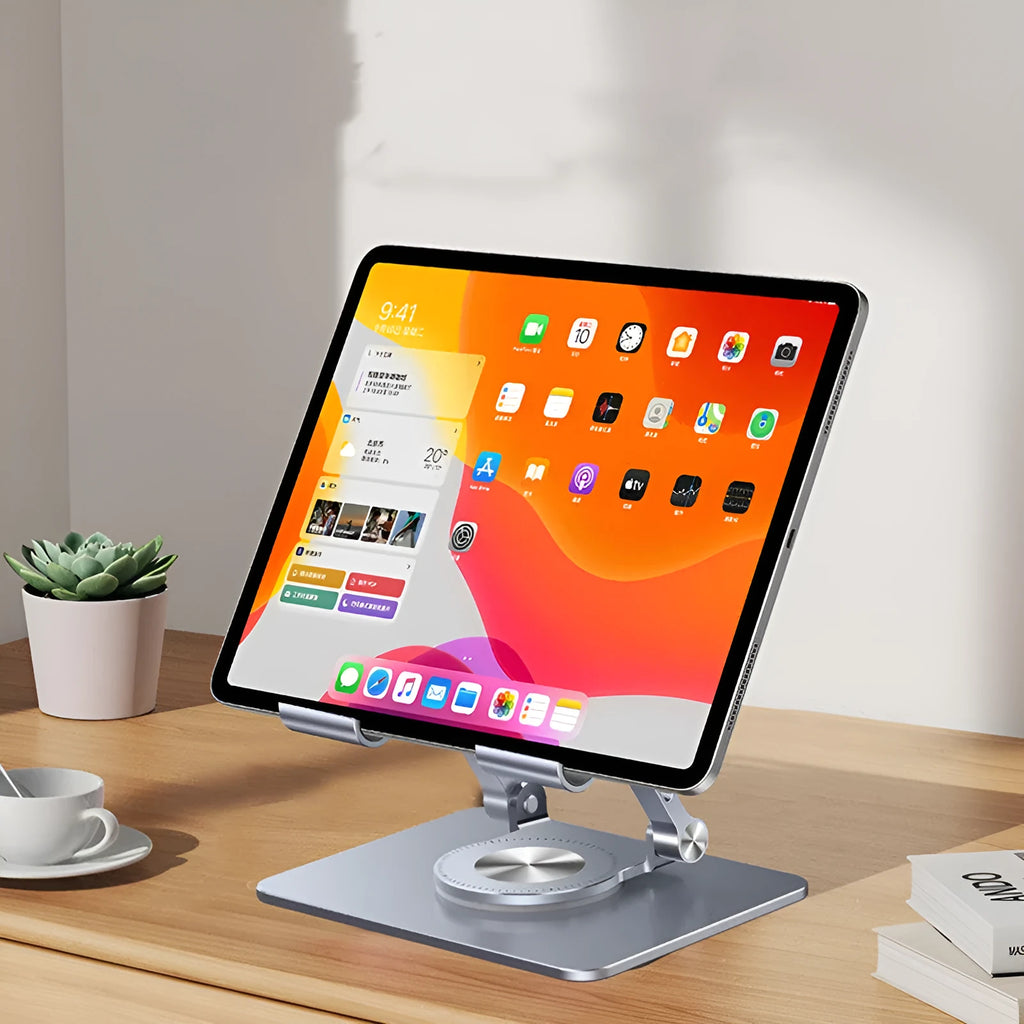 Folding tablet stand in transparent plastic with 360 degree rotation, 178x161x42mm