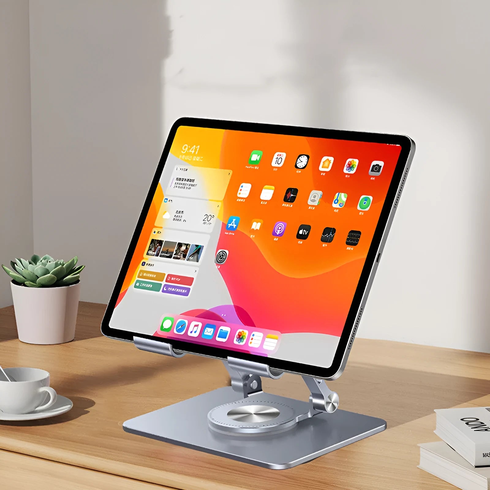 Folding tablet stand in transparent plastic with 360 degree rotation, 178x161x42mm