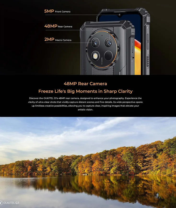 OUKITEL G1 mobile phone showing grey green orange colour options with plastic construction