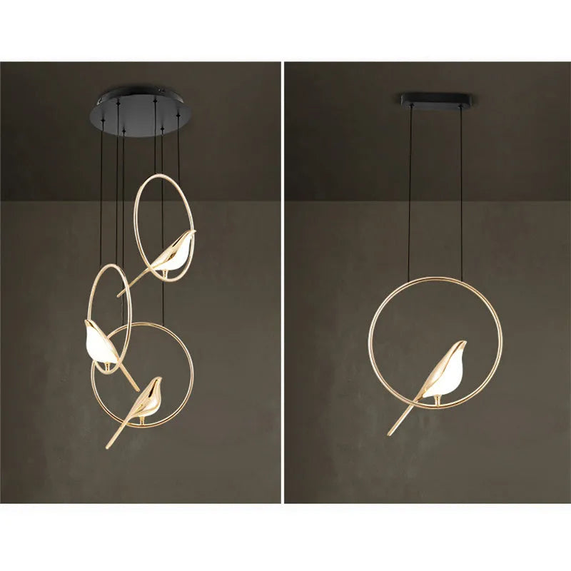 Modern minimalist magpie bird silhouette chandelier light fitting with a long drop.