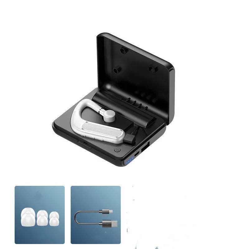 Black Bluetooth hanging ear earphones shown with a charging warehouse and three sizes of ear caps.