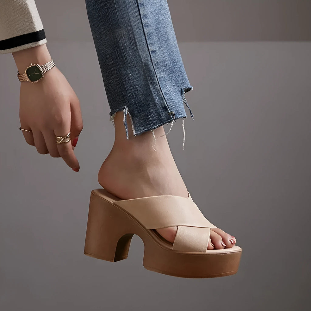 Summer casual retro chunky heel Roman sandals in genuine sheepskin leather, brown colour, side view