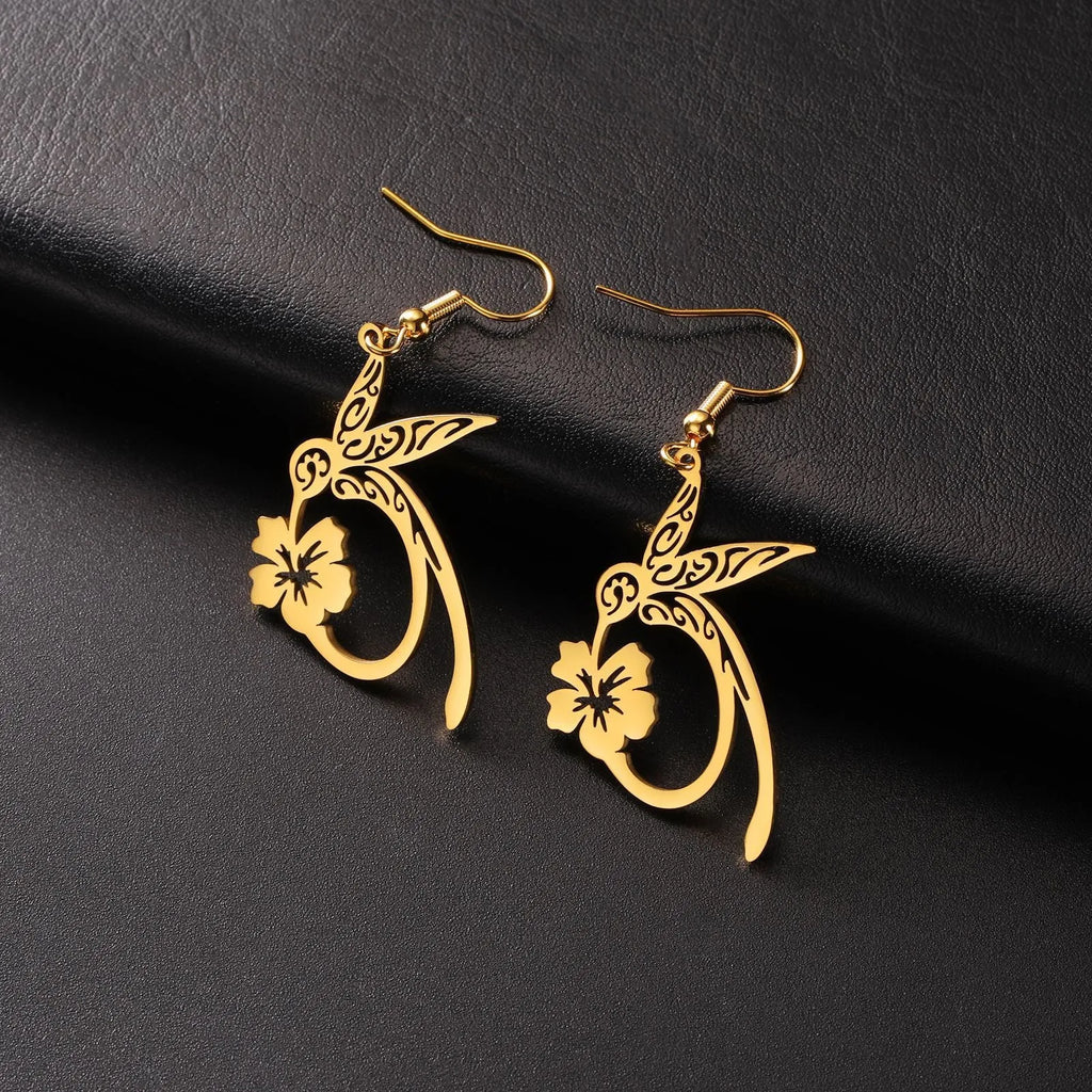 Hollow hummingbird stainless steel earrings for women in gold colour option