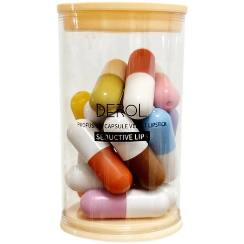 16-piece mini capsule velvet lipstick set in canned pill container with assorted colours