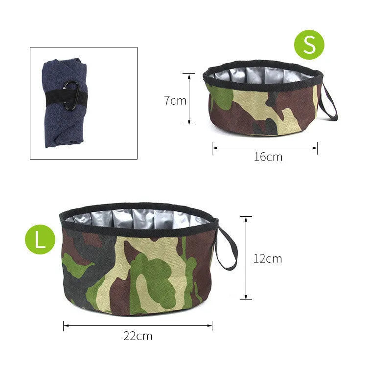 Oxford cloth portable folding dog bowl in camouflage green with round shape for outdoor use