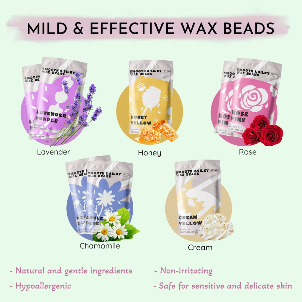 WUWUVISTA 63-piece waxing kit with black warmer, wax beads, applicator sticks, and lotion