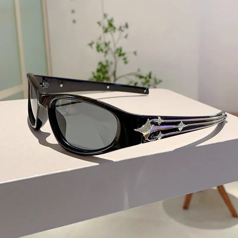 Polycarbonate windproof sunglasses in multiple colour options including black frame with blue lens.