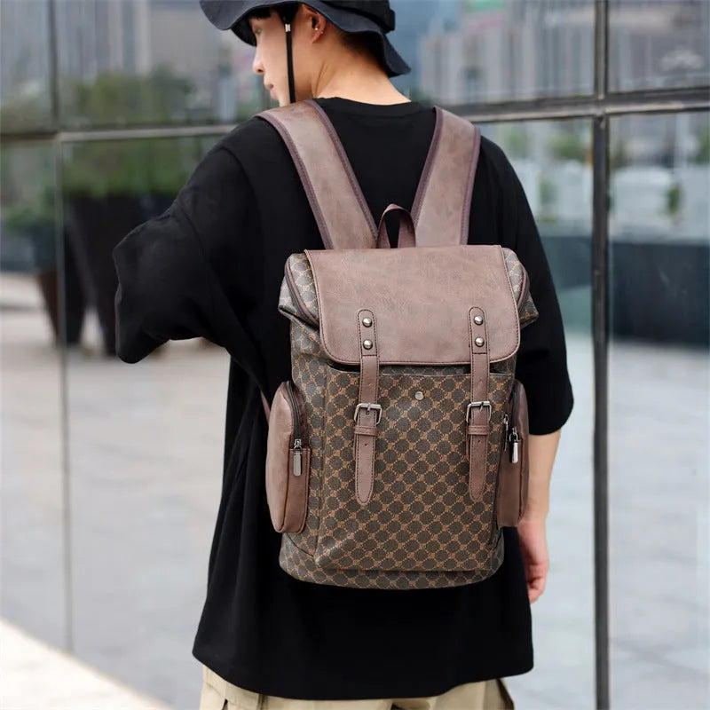 Men's PU leather plaid backpack in black, 45x15x30cm, with air pillow belt