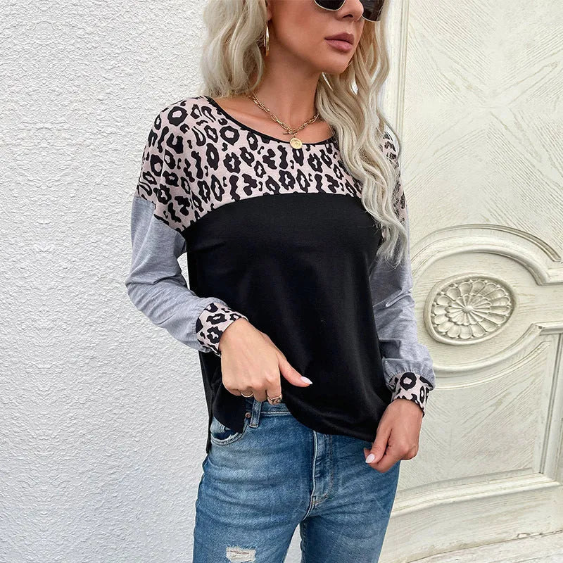 Women's black leopard print patchwork pullover sweater, loose fit, round neck, long sleeves, polyester knit