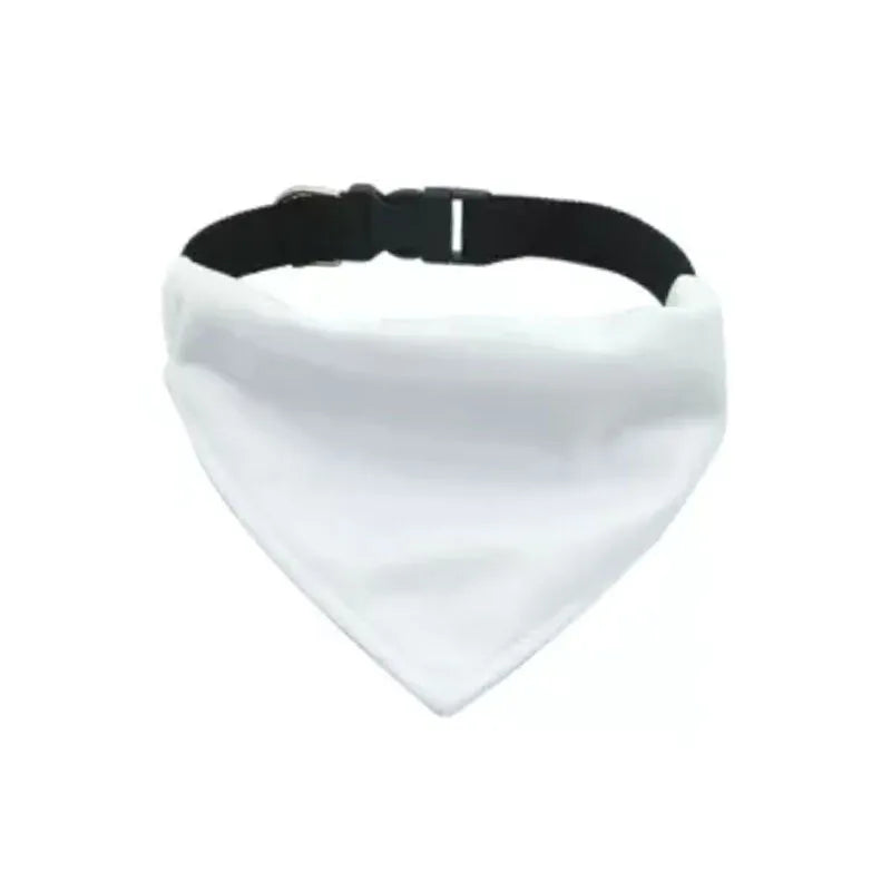 Blank white polyester dog scarf for custom thermal transfer printing in four sizes.