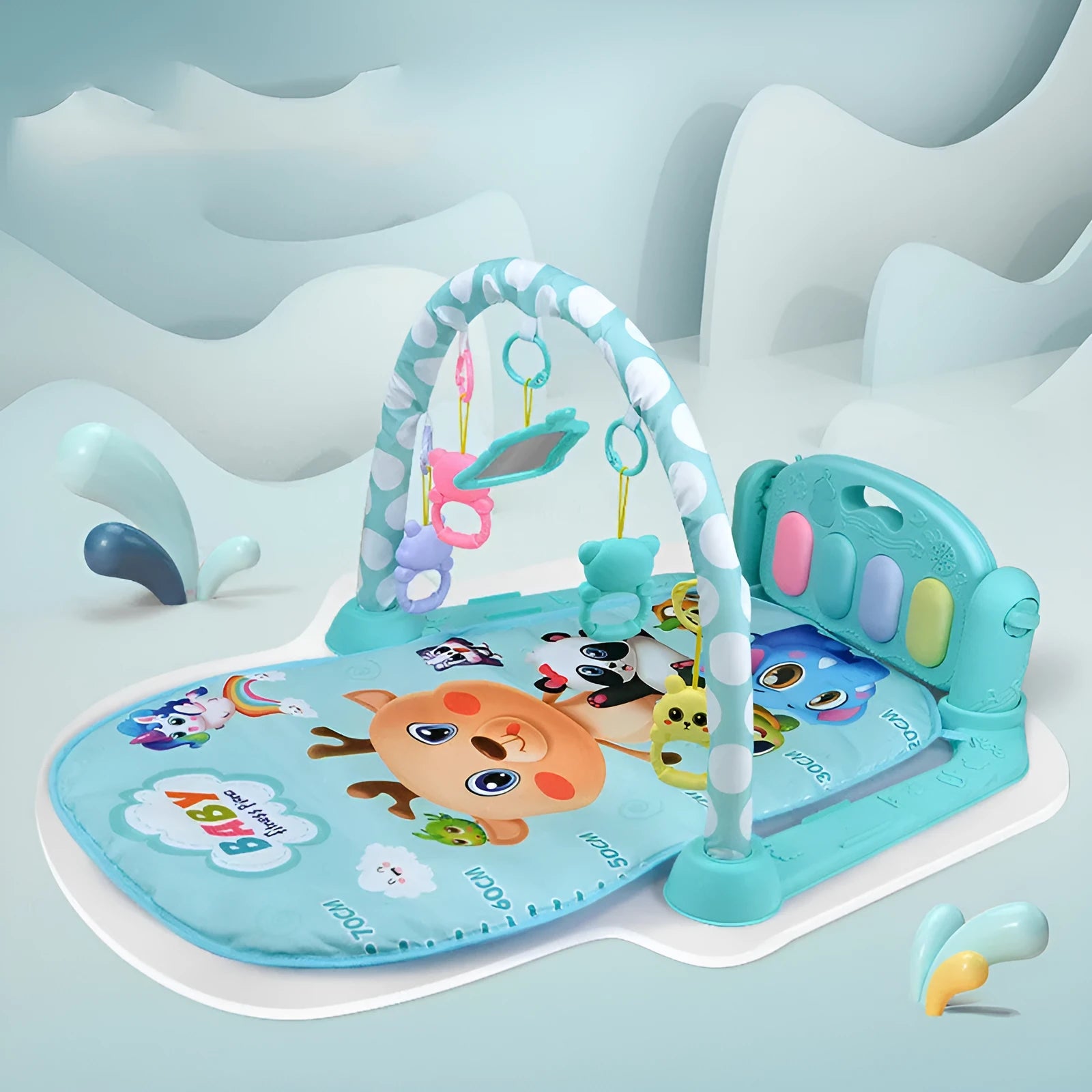 Baby fitness frame pedal piano activity gym toy for infants with animal-themed design in blue or pink colours