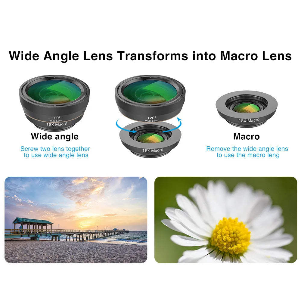 Black 6-in-1 smartphone camera lens kit with fisheye, wide-angle, telephoto lenses and filters in a case.