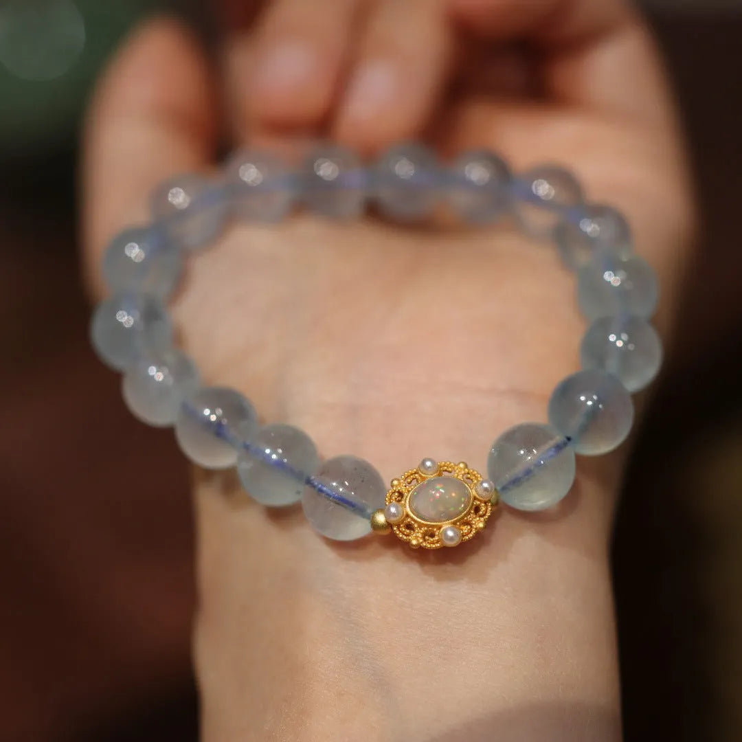 Aquamarine Chinese Fengjiu style bracelet with fox design and pink crystal accents for women