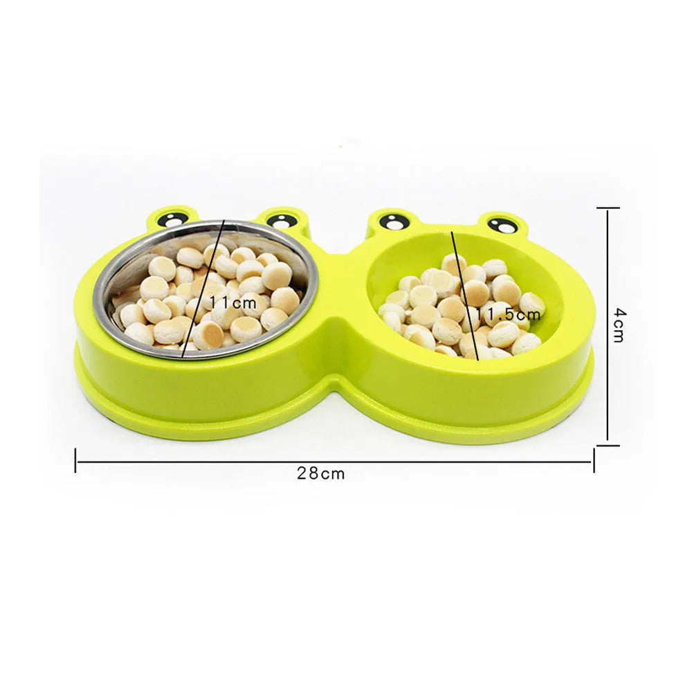 Double pet bowl with stainless steel compartments and pink ABS outer rim, 28cm long