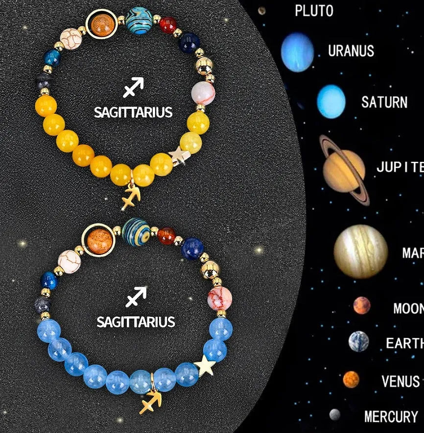 Set of two natural stone beaded bracelets with zodiac charms on an adjustable cord.