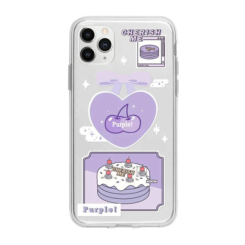 Transparent purple love cherry iPhone TPU back cover for 11 Pro Max and other listed models