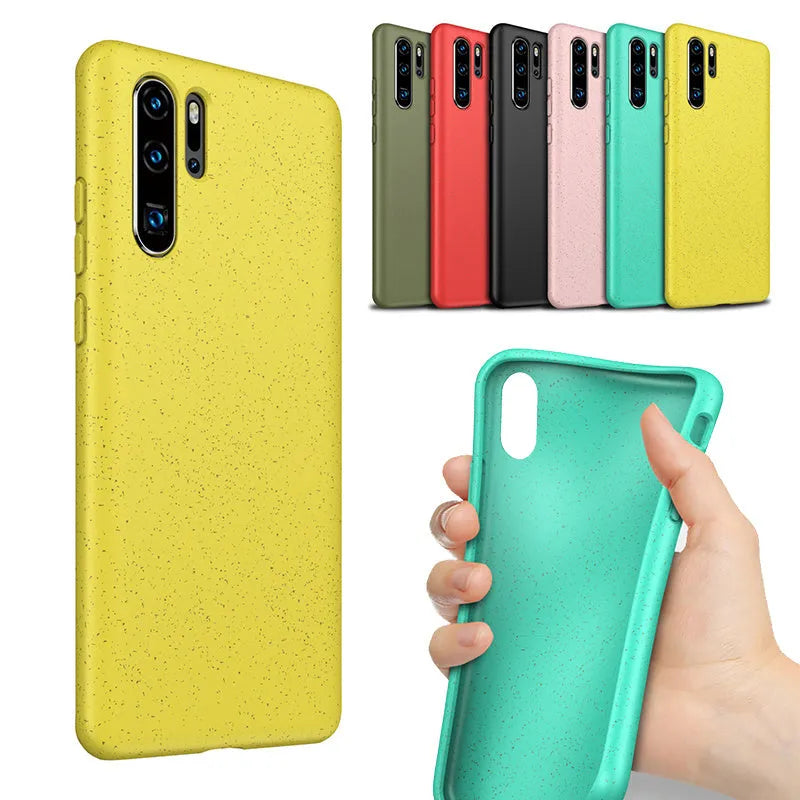 Huawei P30 mobile phone case in TPU material showing Army Green, Black, Blue, Pink, Red, and Yellow colour options.