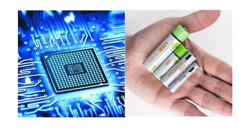 Ces USB fast charge lithium AA battery with silver-green casing, 1.5V constant voltage, 1665mWh capacity, and integrated USB charging port