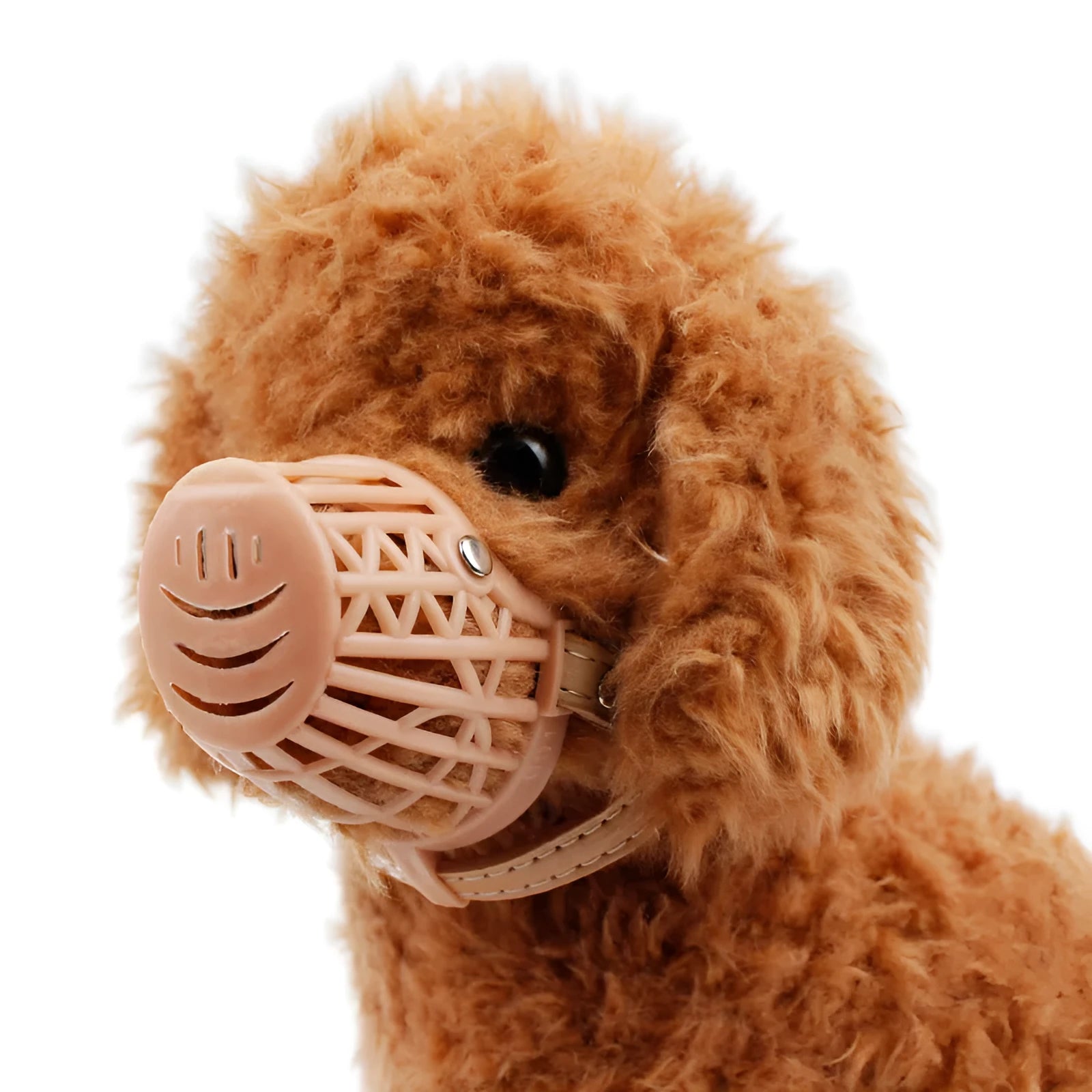 Plastic strong dog muzzle basket in beige on a white background, adjustable size 1-7 for dogs and cats
