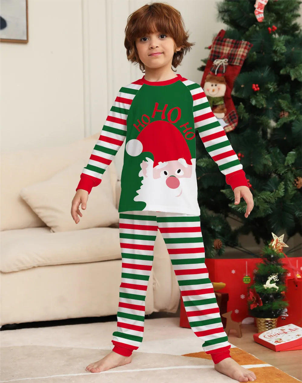 Family Christmas pyjama set in red stripe pattern with cotton long sleeves, available in sizes from baby to adult and dog