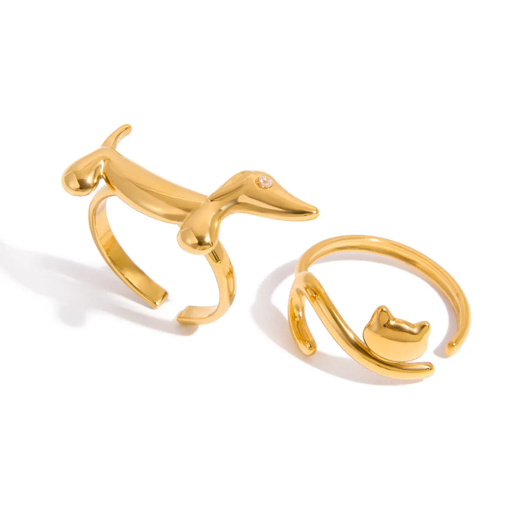 Niche design stainless steel ring with cat and dog geometric shape for women, electroplated finish, multiple colour options