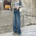 Women's high-waist retro blue straight-leg jeans on a model, showing the cropped, standard, and lengthened leg options.