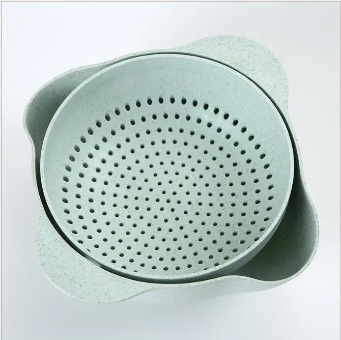 Kitchen plastic double-deck washing basket in blue with sieve insert for draining rice and fruit