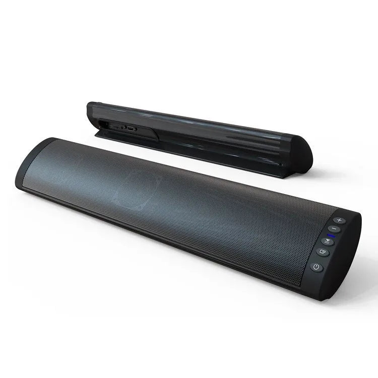 Black wall-mounted BS-41 Bluetooth speaker with remote control on a white wall.