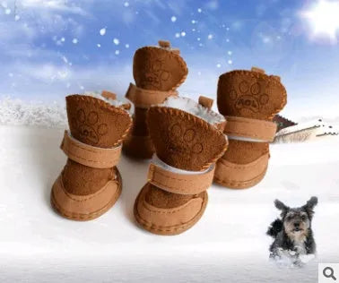 Set of 4 khaki and pink velvet dog boots with lambskin look, sizes 1 to 5 for small dogs