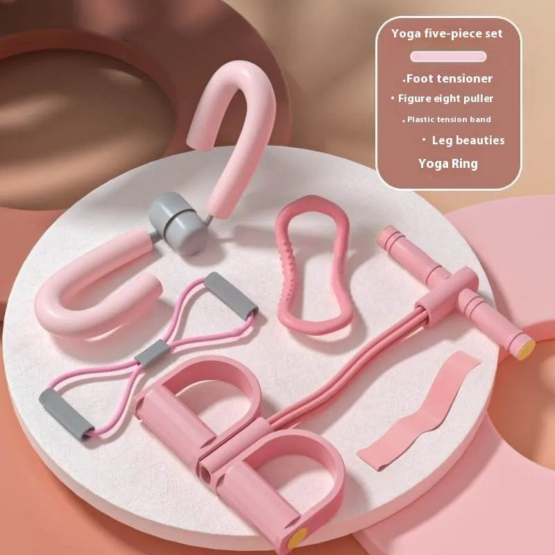 Yoga four piece set showing leg stretching device, yoga ring, pedal tensioner and figure eight tension rope