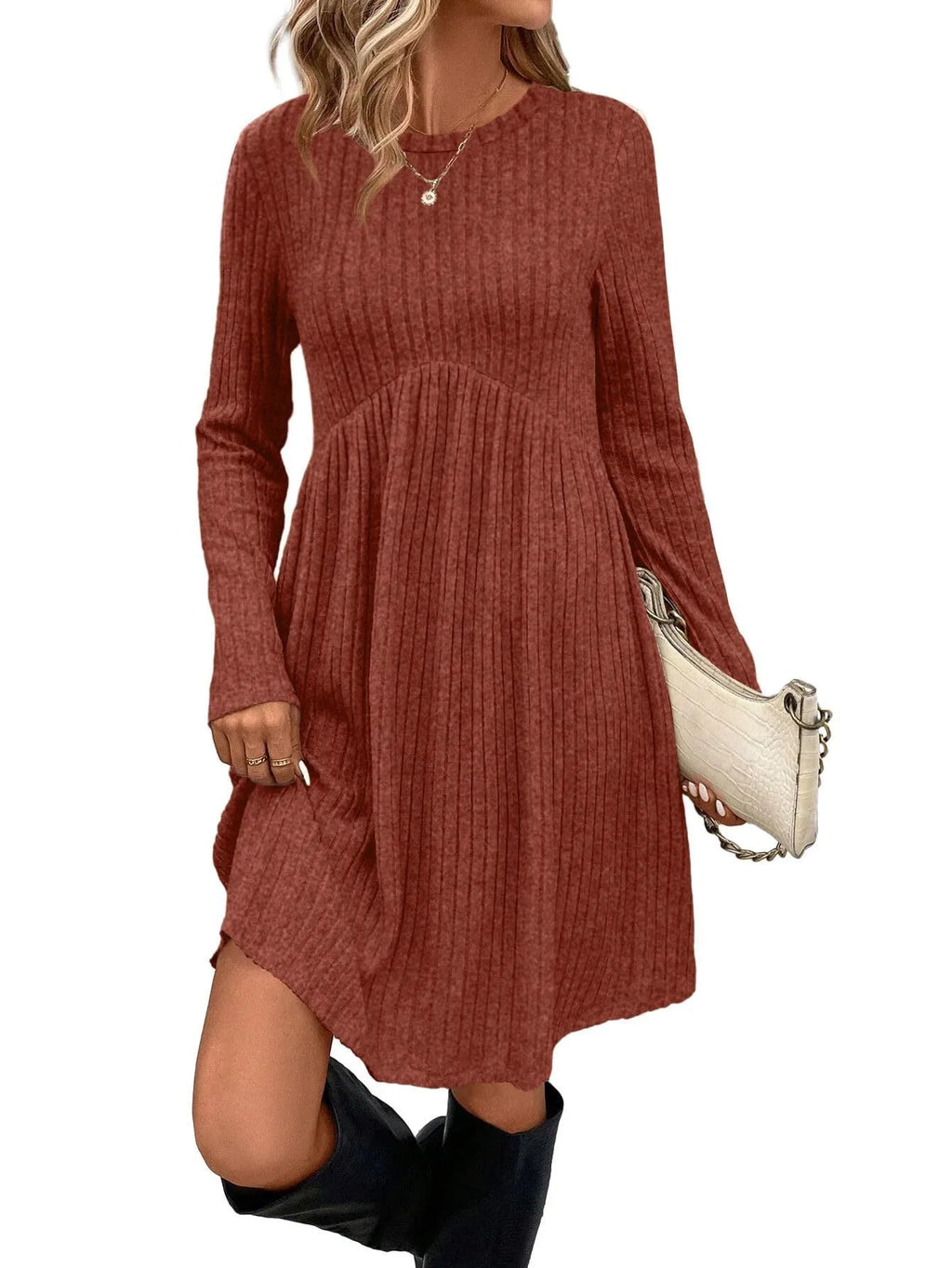 Women's bohemian brushed sunken stripe solid colour princess dress mid length wide waist autumn winter