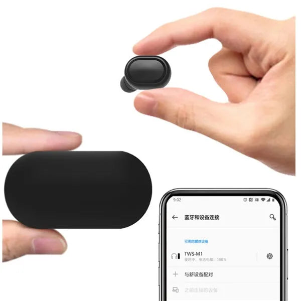 M1 Bluetooth wireless earbuds in black and white colours with 10m range