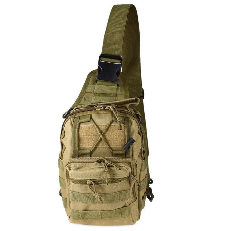 Small green camouflage tactical backpack with MOLLE webbing on front, carried crossbody.
