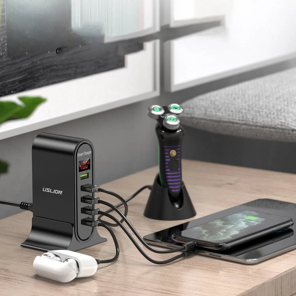 Smart LED digital display USB wall charger with selectable EU, UK, or US plug styles in black and white.