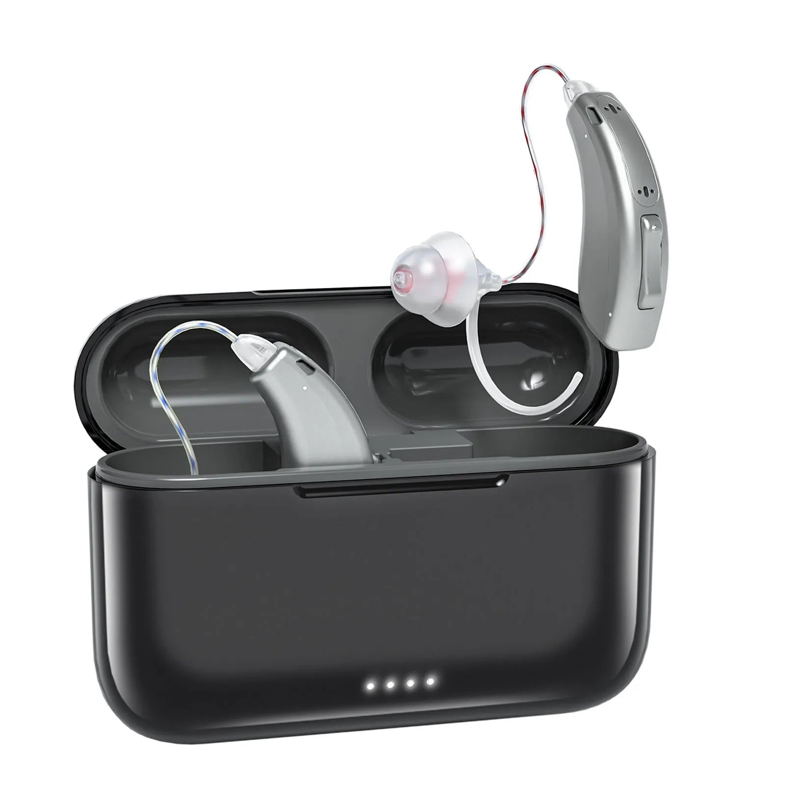 Black wireless back-of-ear rechargeable Bluetooth hearing aid with Type-C charging and silicone ear domes