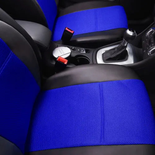 Set of black artificial leather car seat covers for front and rear seats with headrest covers and hooks.