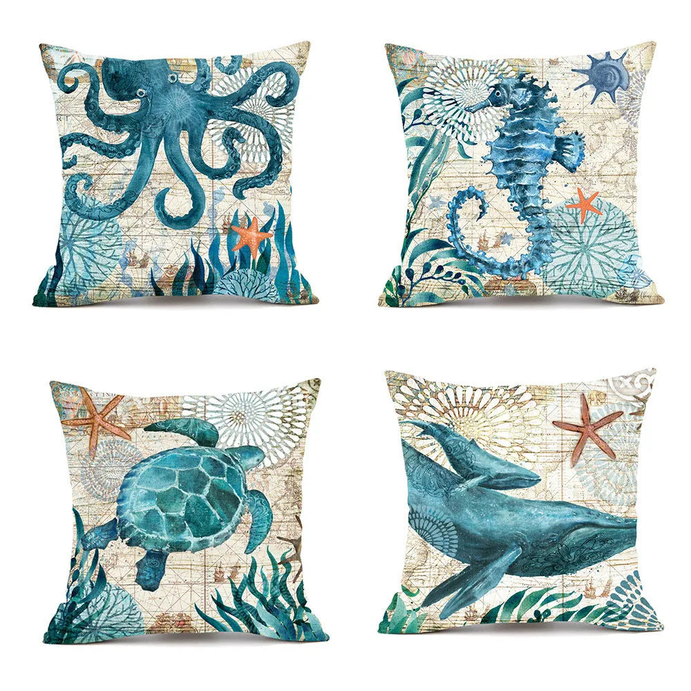 Square linen cushion cover with blue sea turtle print, showing invisible zipper closure.