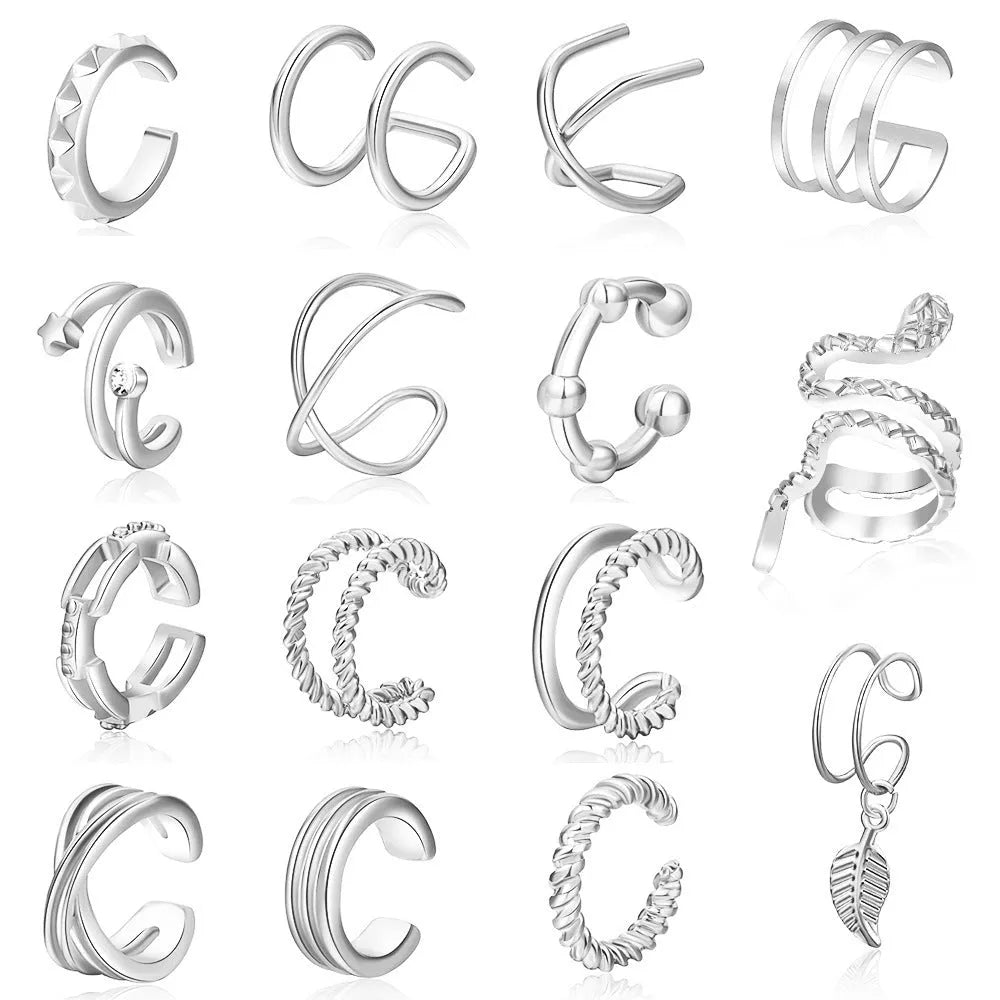 15-piece gold metal clip-on earring set for women without pierced ears geometric round and ring shapes on white background