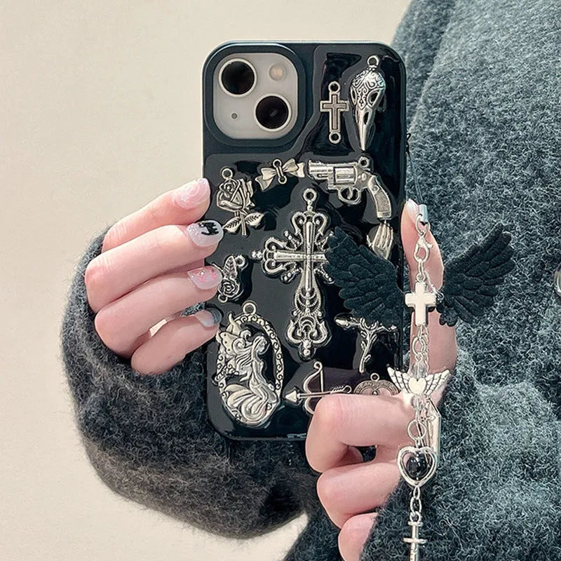 Epoxy resin phone case with three-dimensional cross pendant in retro dark style for iPhone 15 Pro Max
