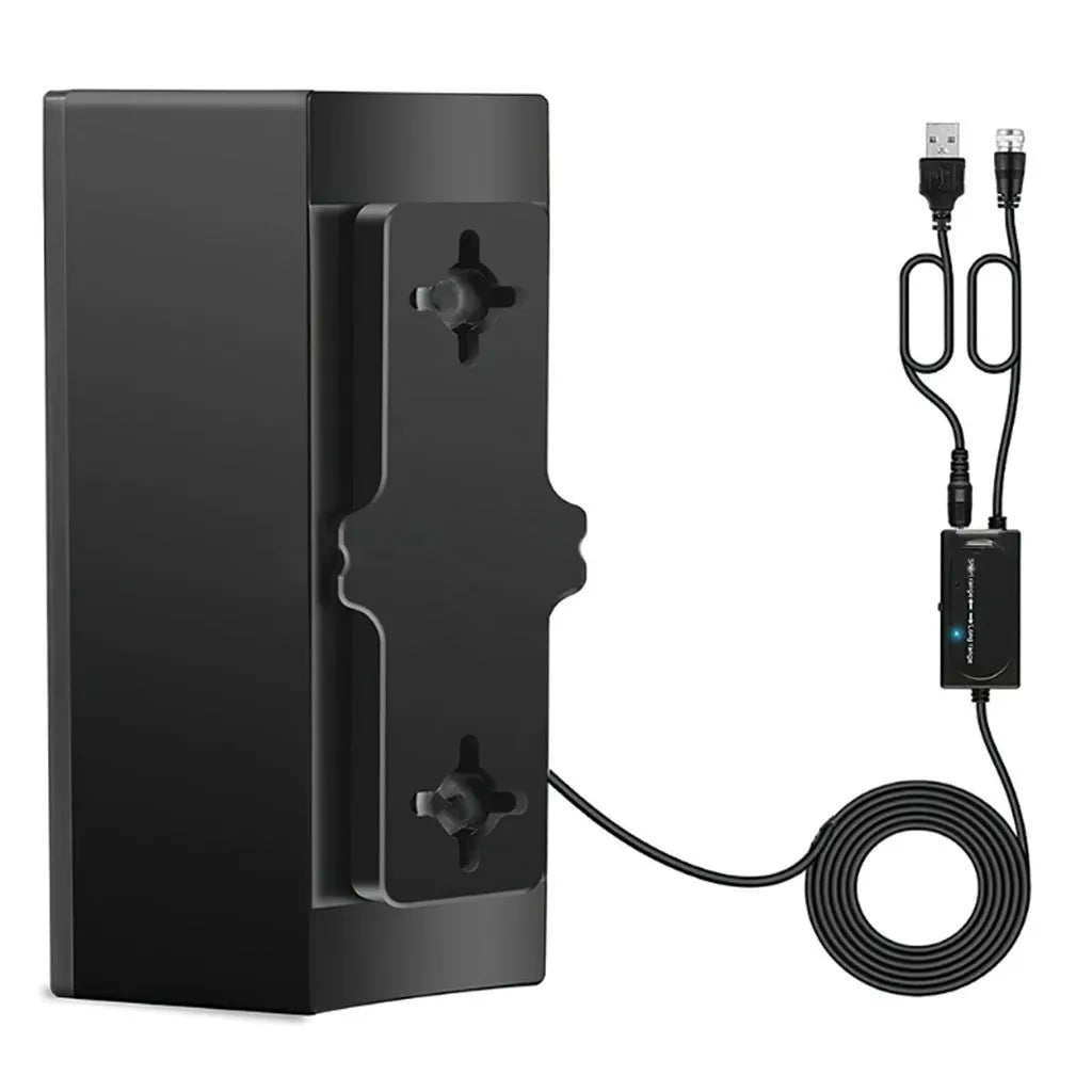 Black plastic indoor HD digital television antenna with mounting accessories including screws and expansion tubes.