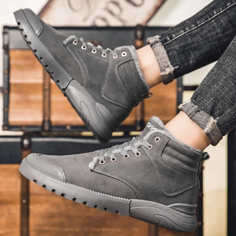 Men's winter ankle boots in matte suede with plush lining, rubber sole, and front tie closure