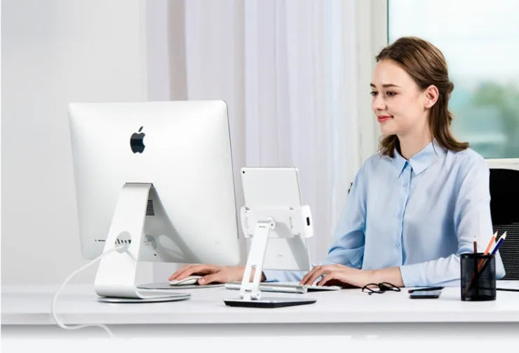 Folding aluminium desktop phone and tablet stand with 360-degree rotation