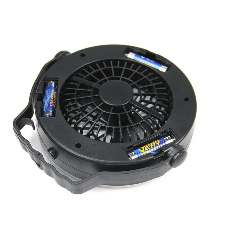 Black multi-function waterproof camping fan light with LED lamp and fan blades, compact 20x20x6.3cm portable design