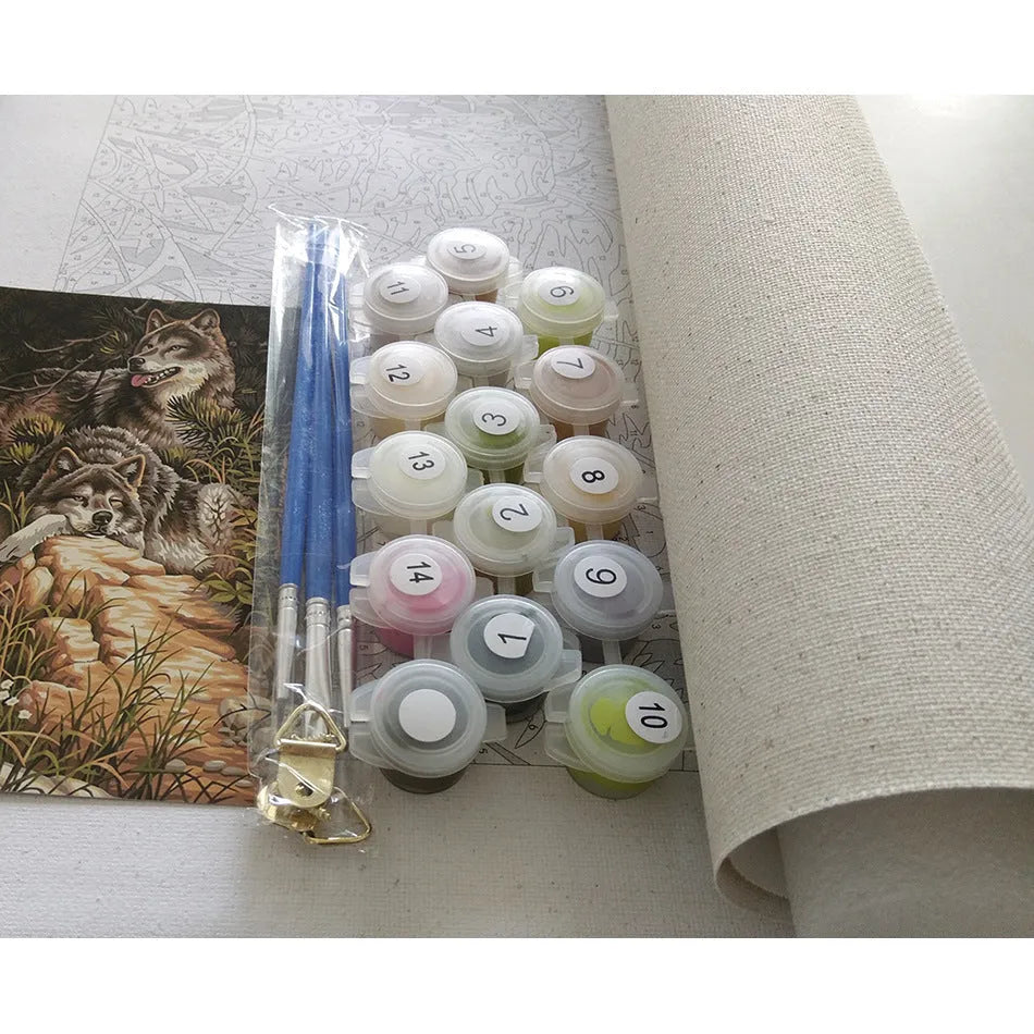 40x50cm landscape paint by numbers kit showing linen canvas, acrylic paints, and optional wooden frame