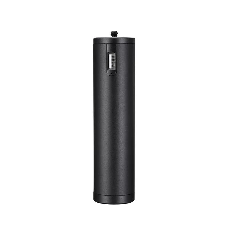 Black aluminium alloy portable power bank with integrated handle showing 12.5cm length