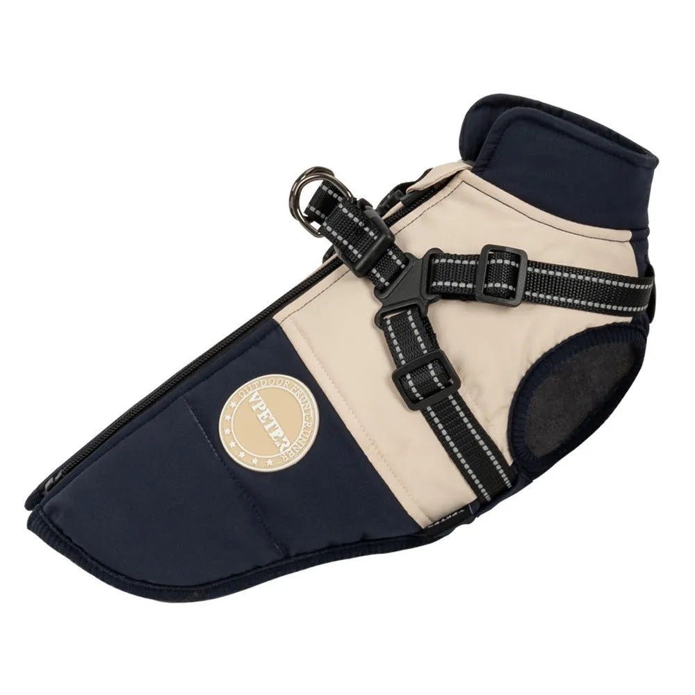 Pet dog windproof chest back integrated coat in navy blue British style polyester