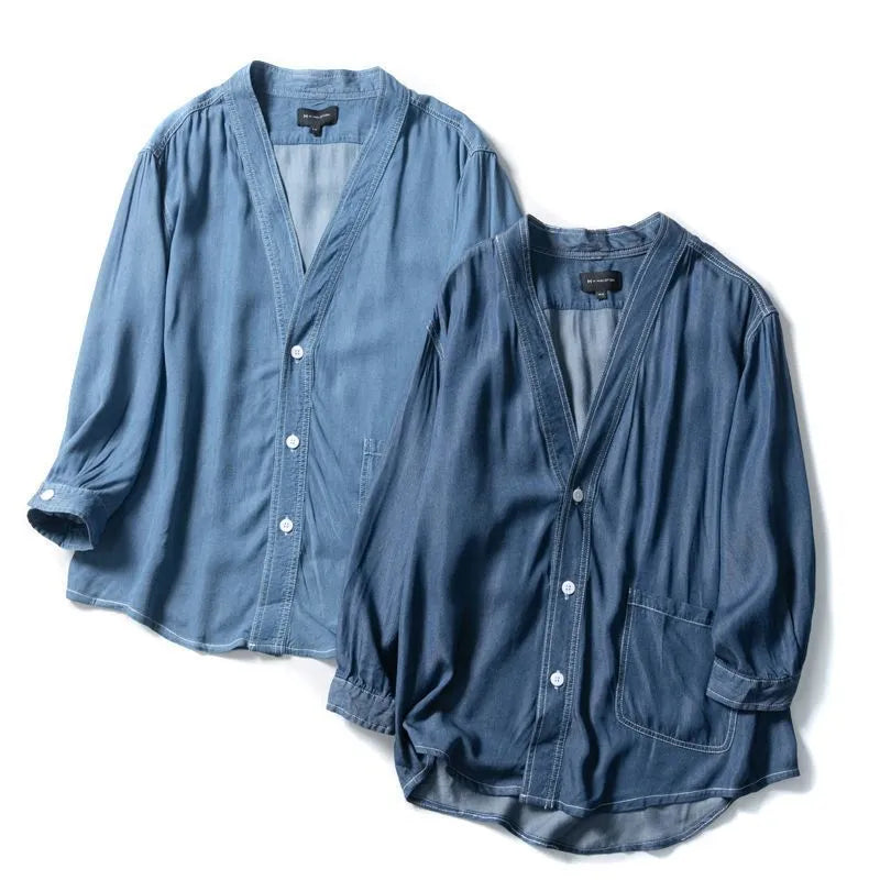 Men's dark blue casual coat with three-quarter sleeves and V-neck collar