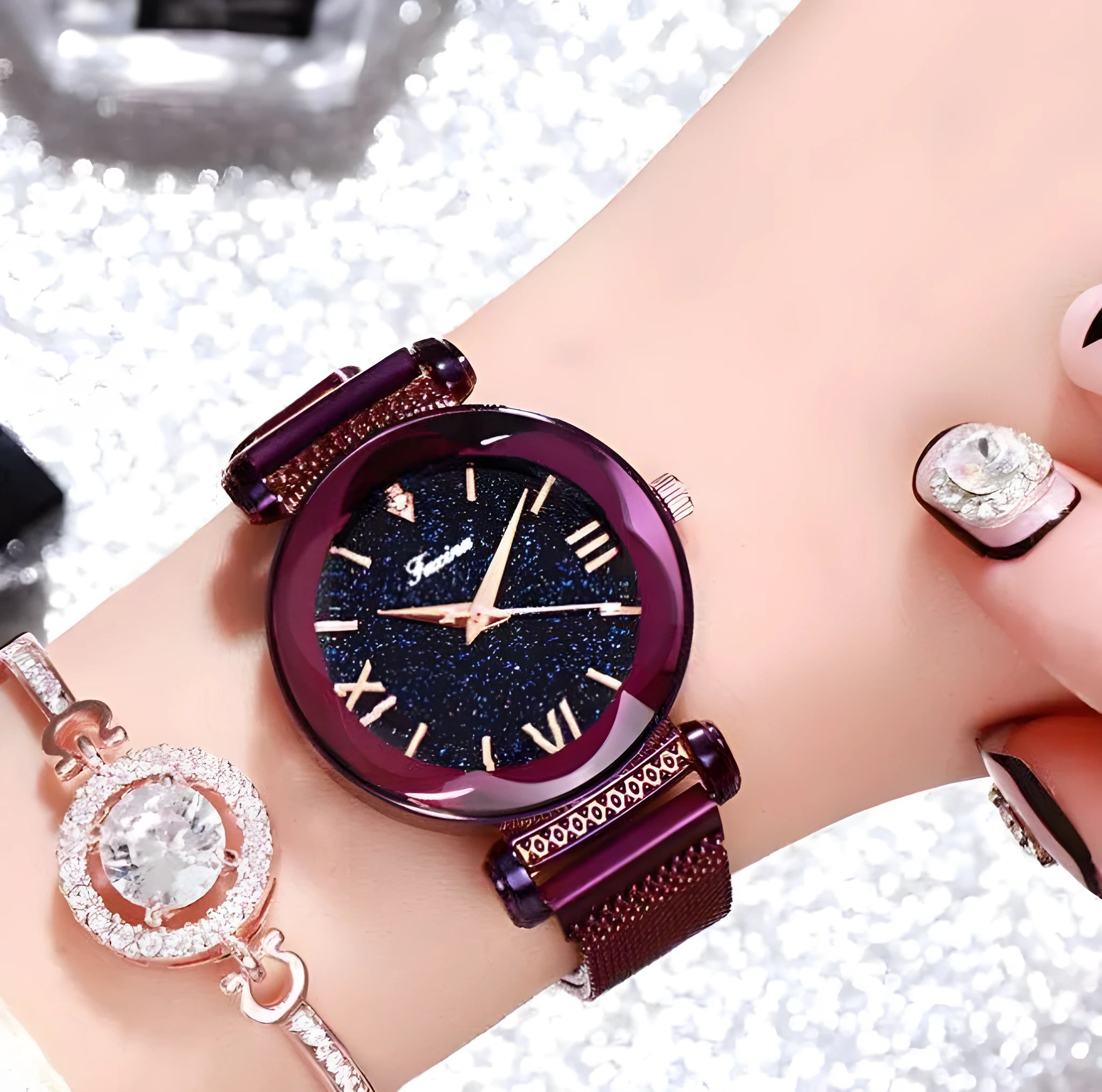 Women's fashion watch with black dial, leather strap, and stainless steel case