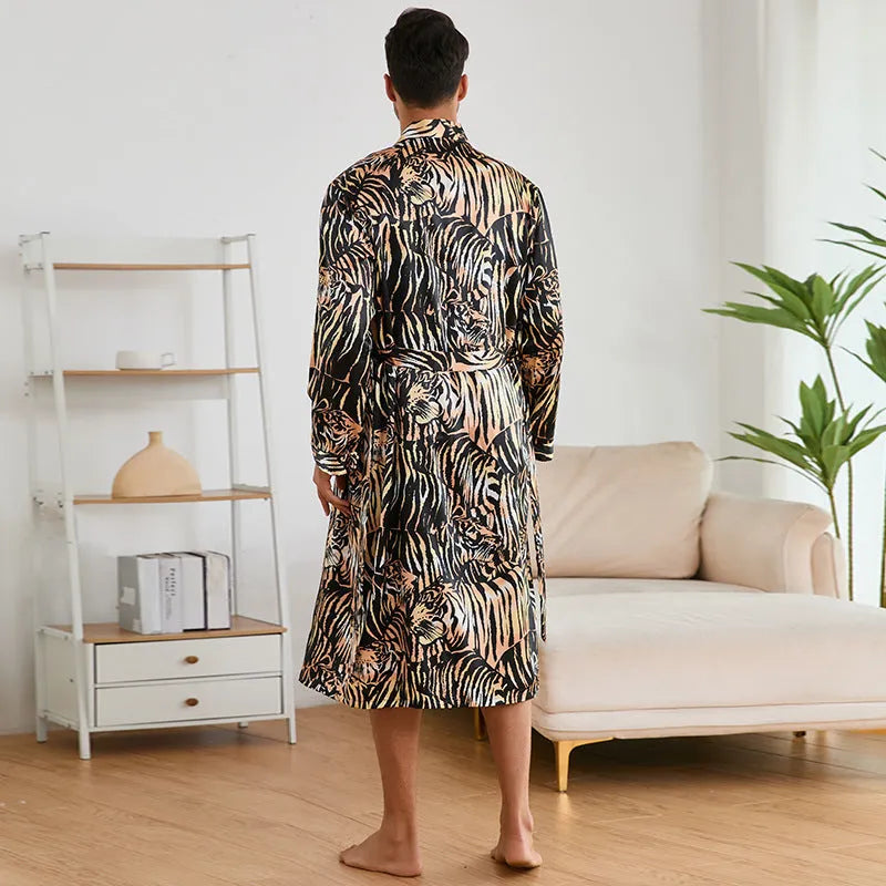 Men's tiger pattern rayon bathrobe set with long sleeve robe and matching shorts